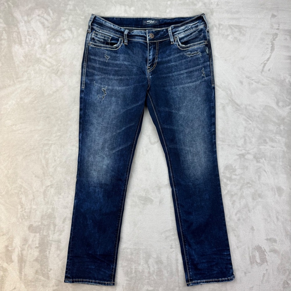 Silver Suki Jeans Women 34x30 Blue Straight Distressed Mid Wash Denim Casual Y2K